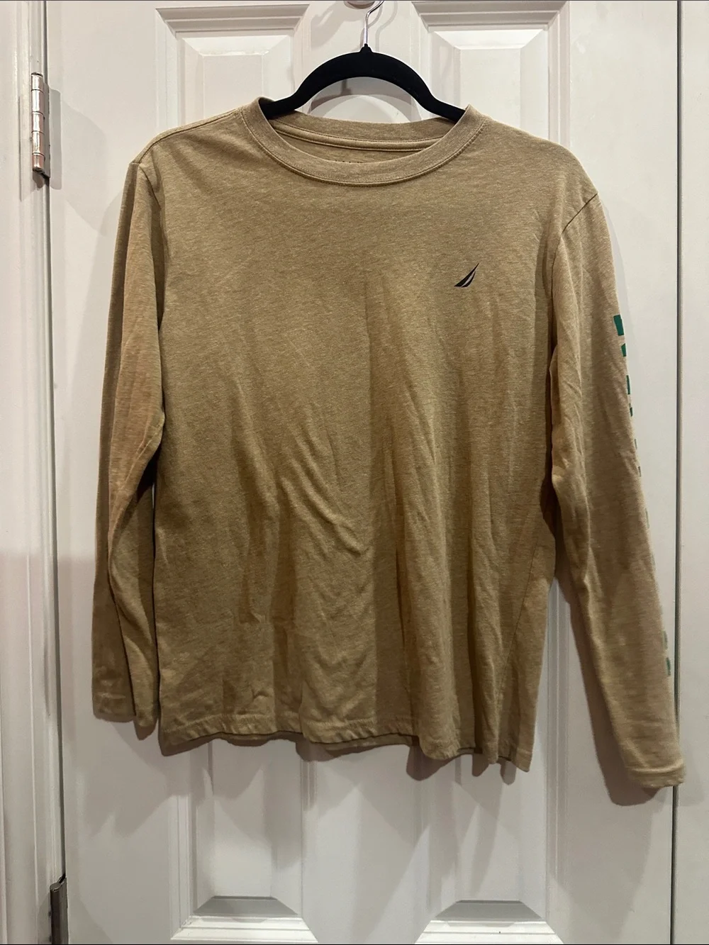 NWOT Kids Nautica Tan Long Sleeve Shirt with Green Sleeve Lettering size 14/16